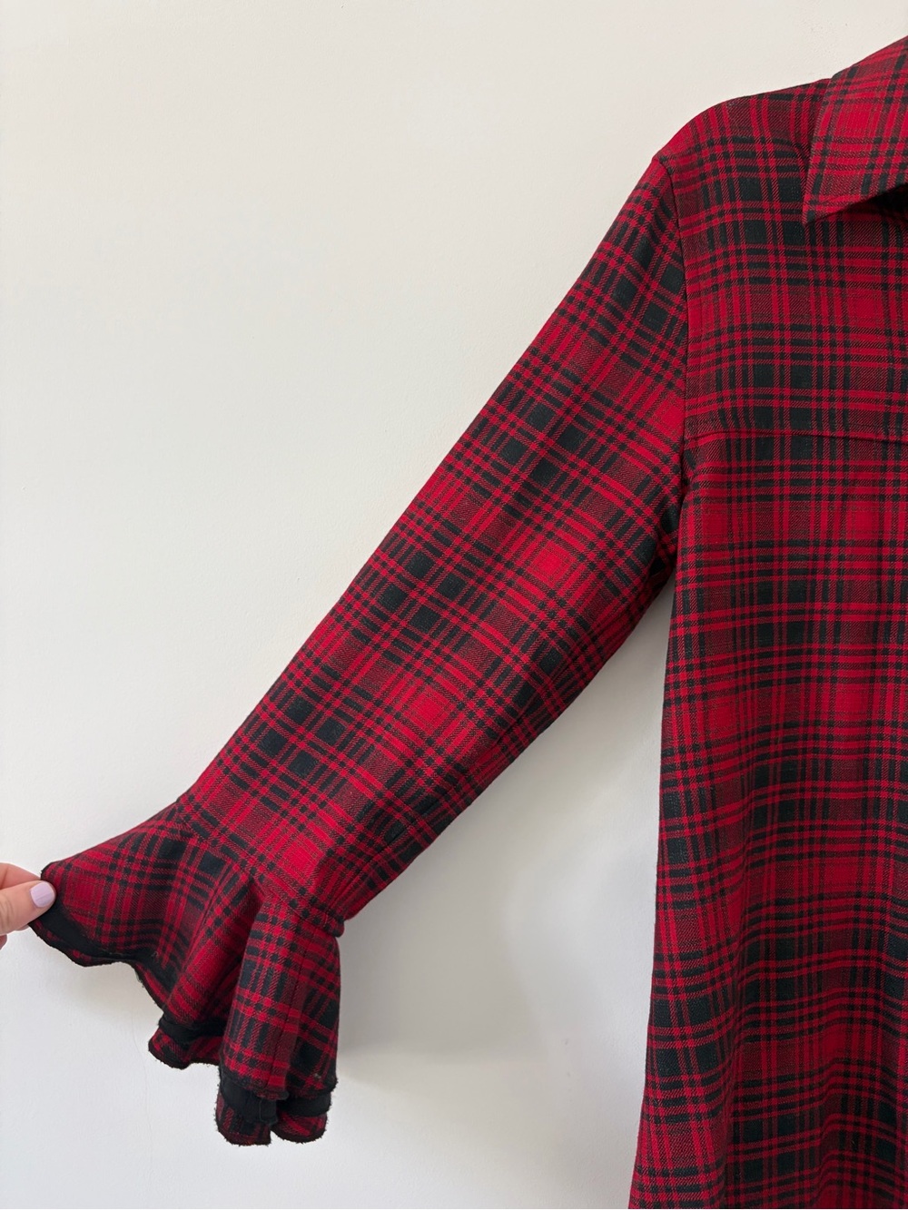 Vintage Alice + Olivia Red Black Plaid Wool Viscose Flounce Sleeve Fall Top S - Picture 2 of 7